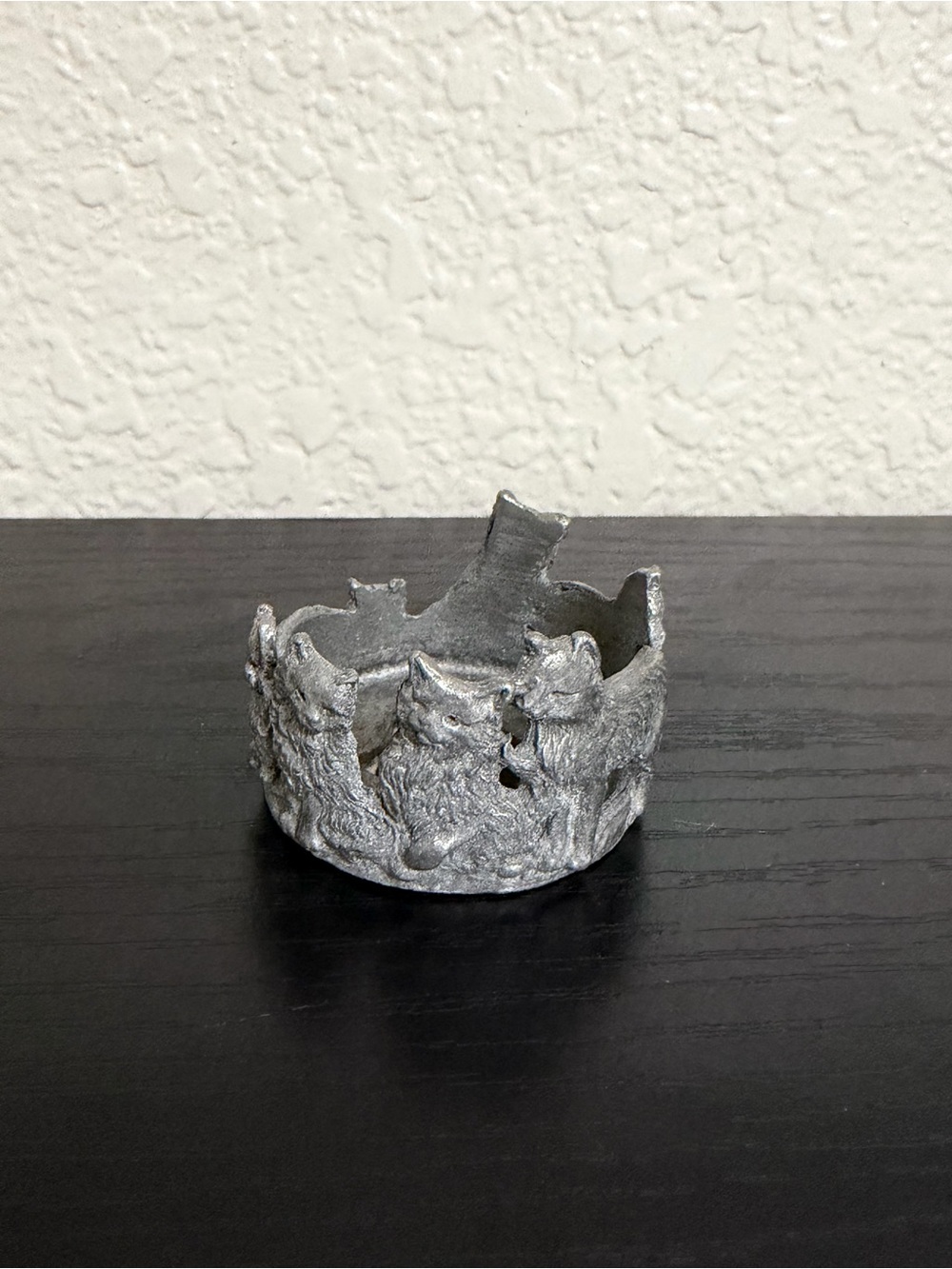 Vintage Solid Pewter Cat & Kittens Tea Light Candle Holder